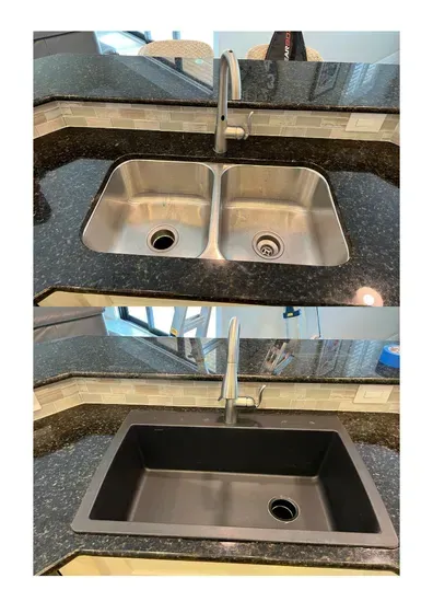 Two pictures of a kitchen sink before and after being cleaned.