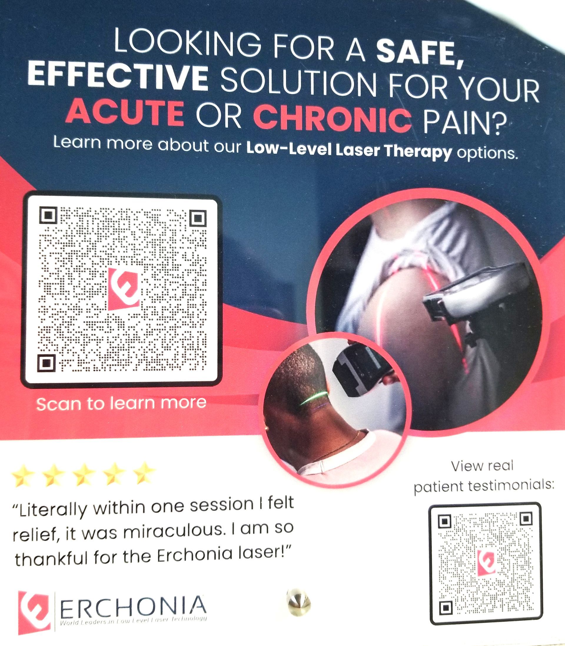 Advertisement for laser therapy for pain. Text reads