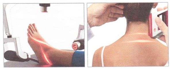Medical device illuminating foot and neck with red light therapy lines.