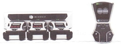 Three black and white devices in a row, with a logo above them. Next to a unique black device.