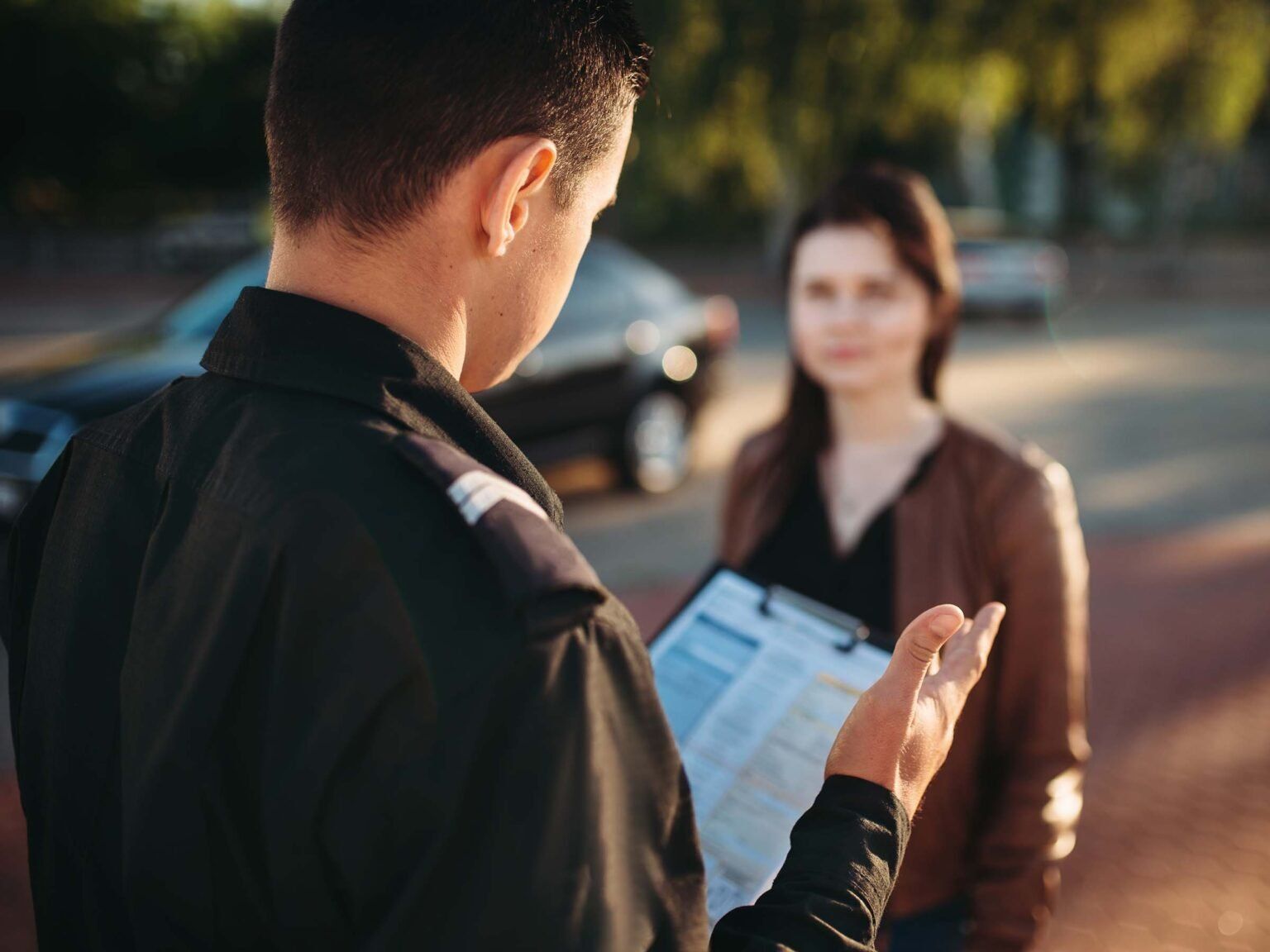 A police officer is talking to a woman while holding a clipboard.