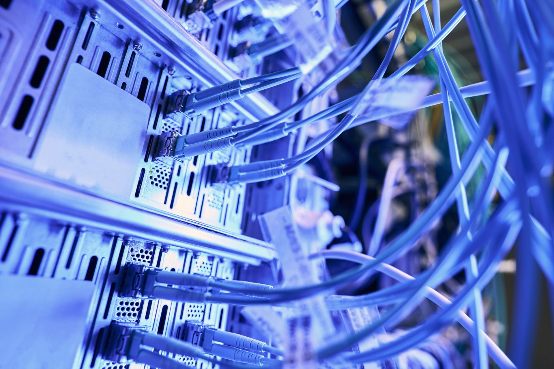 Close-up of server rack ports with multiple blue Ethernet cables plugged in under cool blue lighting.
