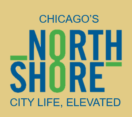 Logo for Chicago's North Shore with blue text and green accents on a beige background reading
