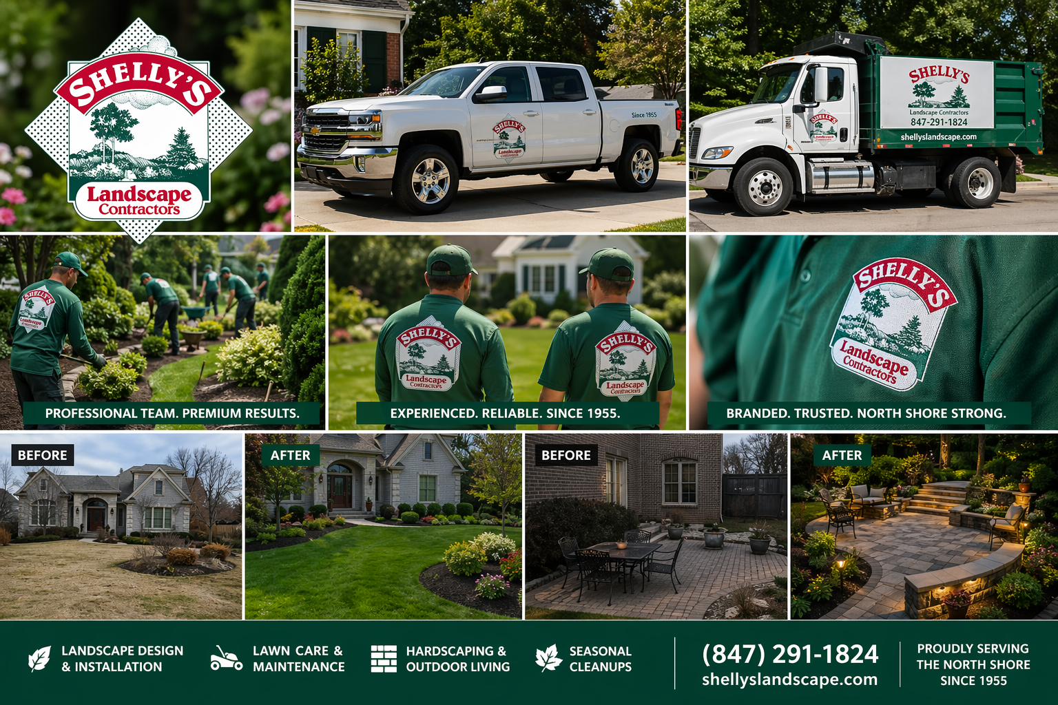 Shelly’s Landscape Buffalo Grove IL landscaping and hardscaping services featuring branded trucks, uniformed crew, lawn care, patio installation, and before and after yard transformations