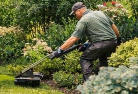 Professional landscaper trimming shrubs, estate lawn care, uniformed crew maintaining high-end property, precision hedge trimming Professional landscaper trimming shrubs, estate lawn care, uniformed crew maintaining high-end property, precision hedge trimming