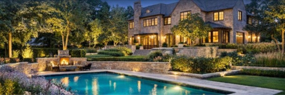 Luxury estate home Kenilworth IL, large stone mansion, manicured lawn, layered landscape lighting, pool, outdoor fireplace, dusk photography, North Shore Illinois estate Luxury estate home Kenilworth IL, large stone mansion, manicured lawn, layered landscape lighting, pool, outdoor fireplace, dusk photography, North Shore Illinois estate