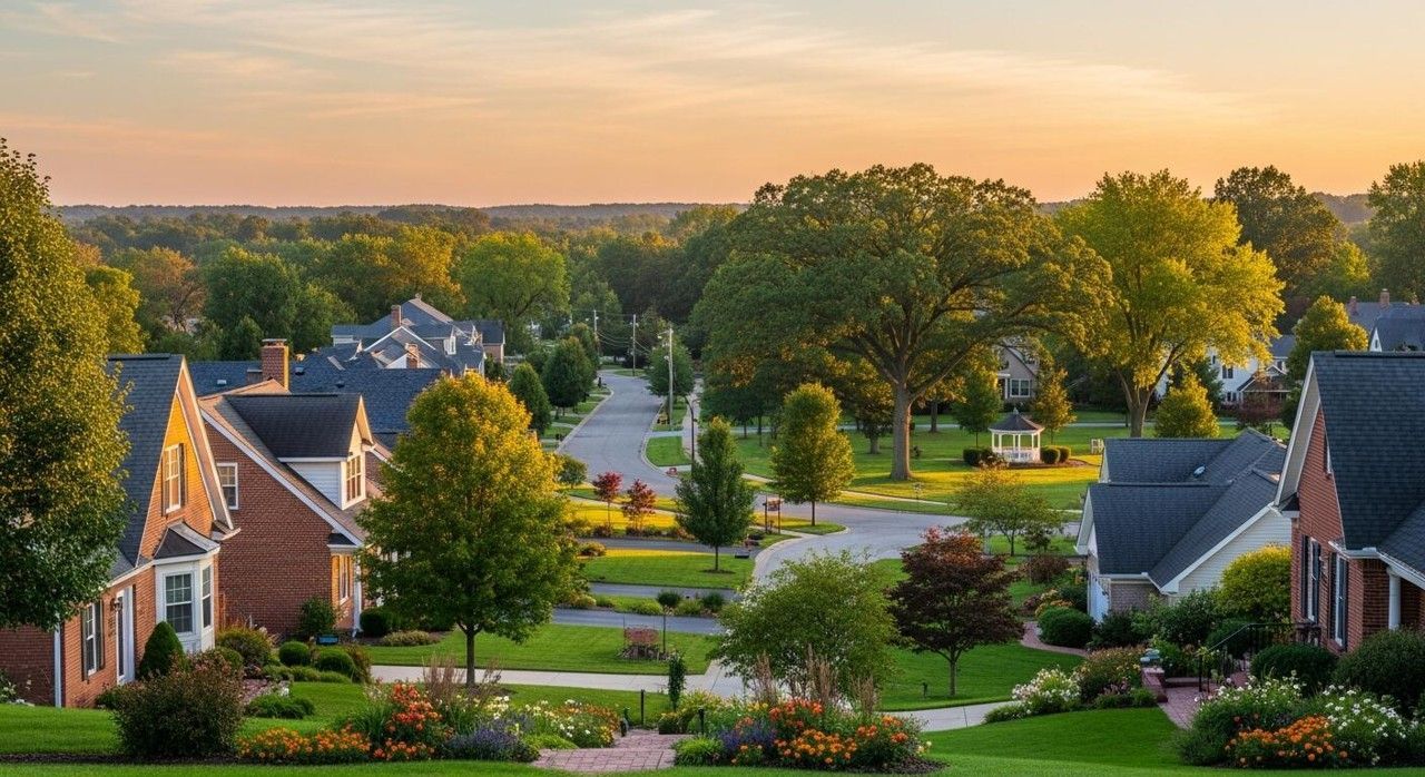 Suburban neighborhood at sunset, featuring brick houses, green lawns, and mature trees along a winding street. Suburban neighborhood at sunset, featuring brick houses, green lawns, and mature trees along a winding street.