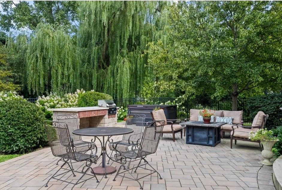 Two-part image: Well-manicured green lawns with trees, bushes, and buildings on a sunny day.