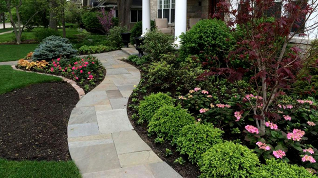 Curved stone walkway and front yard landscaping in Buffalo Grove IL with colorful flower beds, shrubs, and professional garden design by Shelly’s Landscape