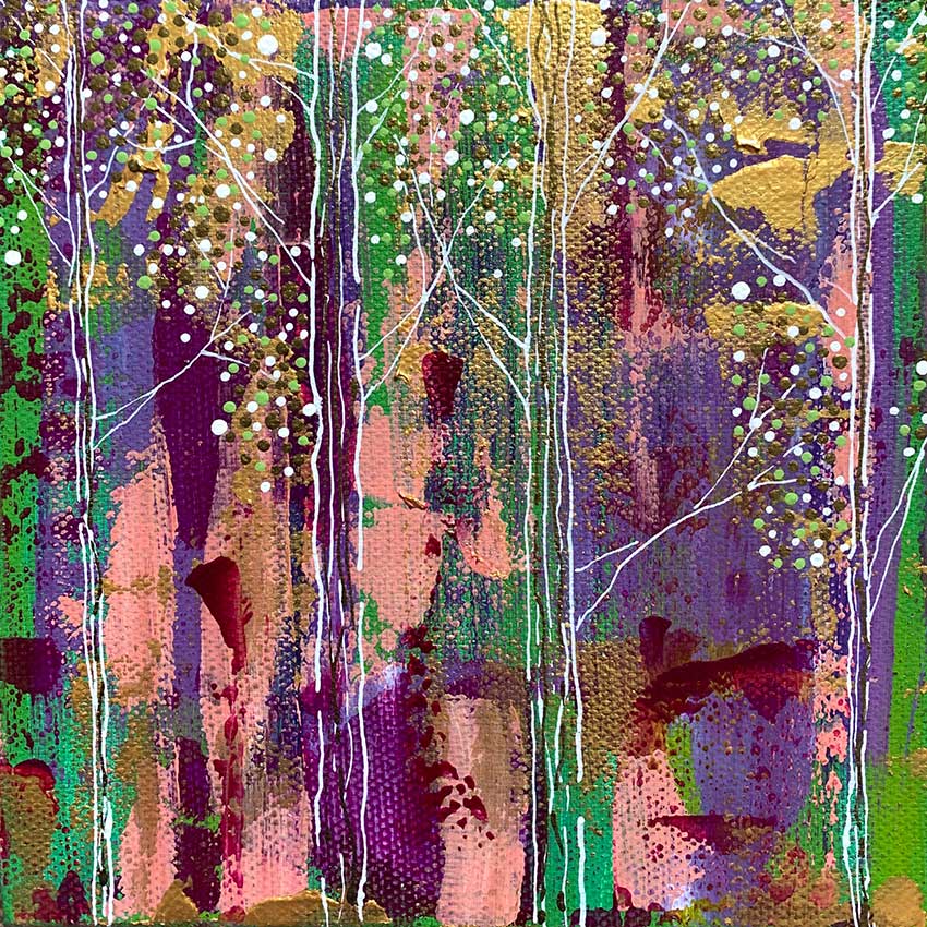 A painting of a forest with trees and leaves on a purple and green background.