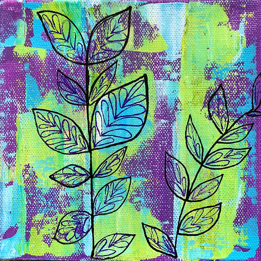 A painting of leaves on a purple and green background.