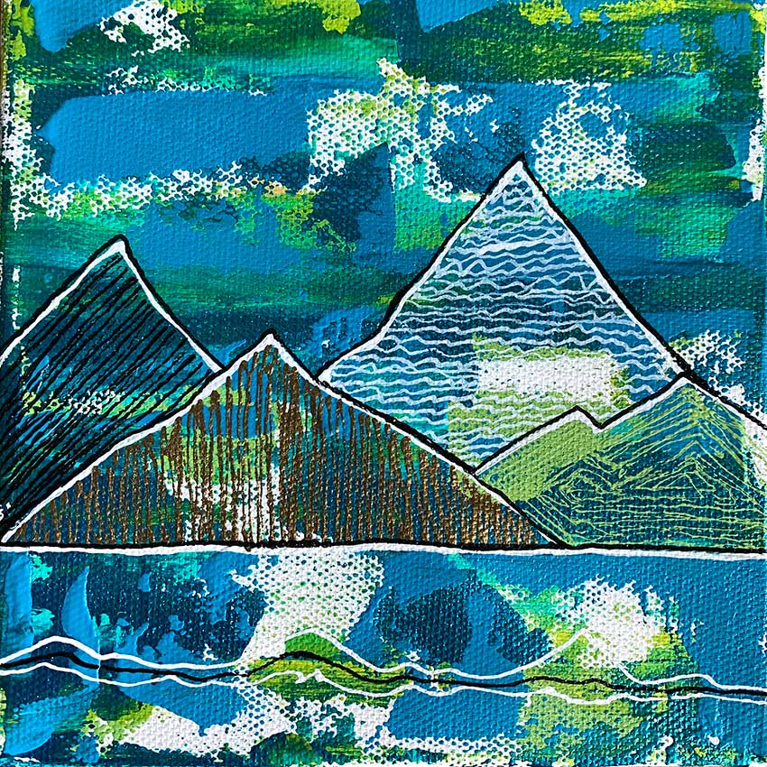 A painting of mountains and water on a blue background