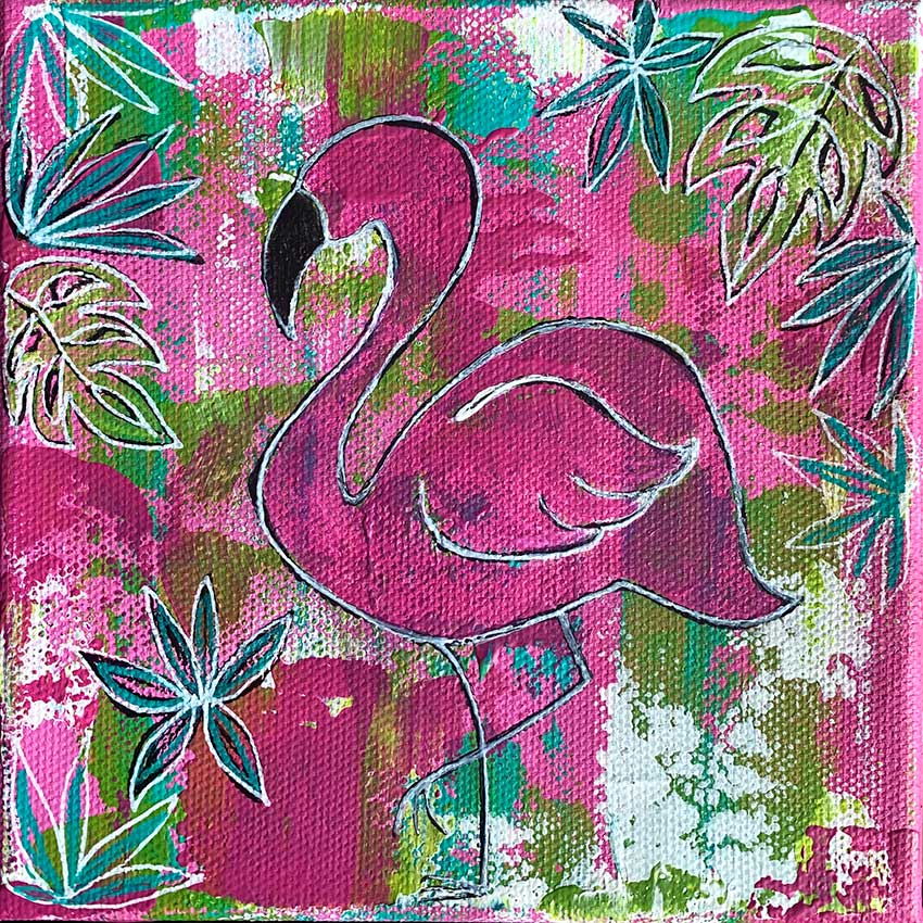 A painting of a pink flamingo surrounded by leaves on a pink background.