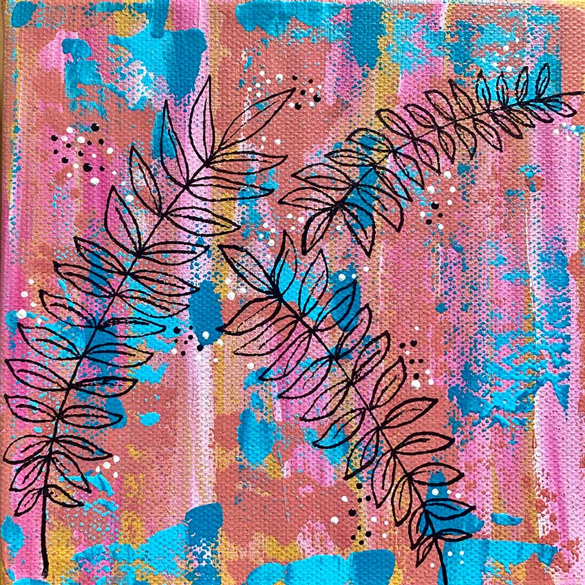 It is a painting of leaves on a pink and blue background.
