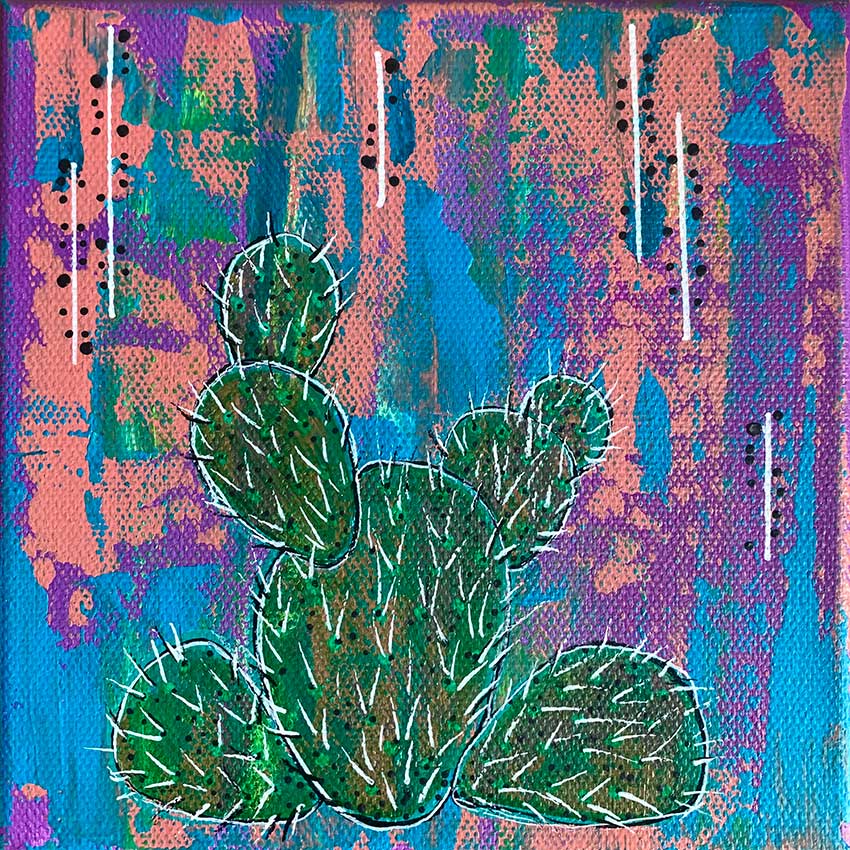 A painting of a cactus on a purple and blue background.