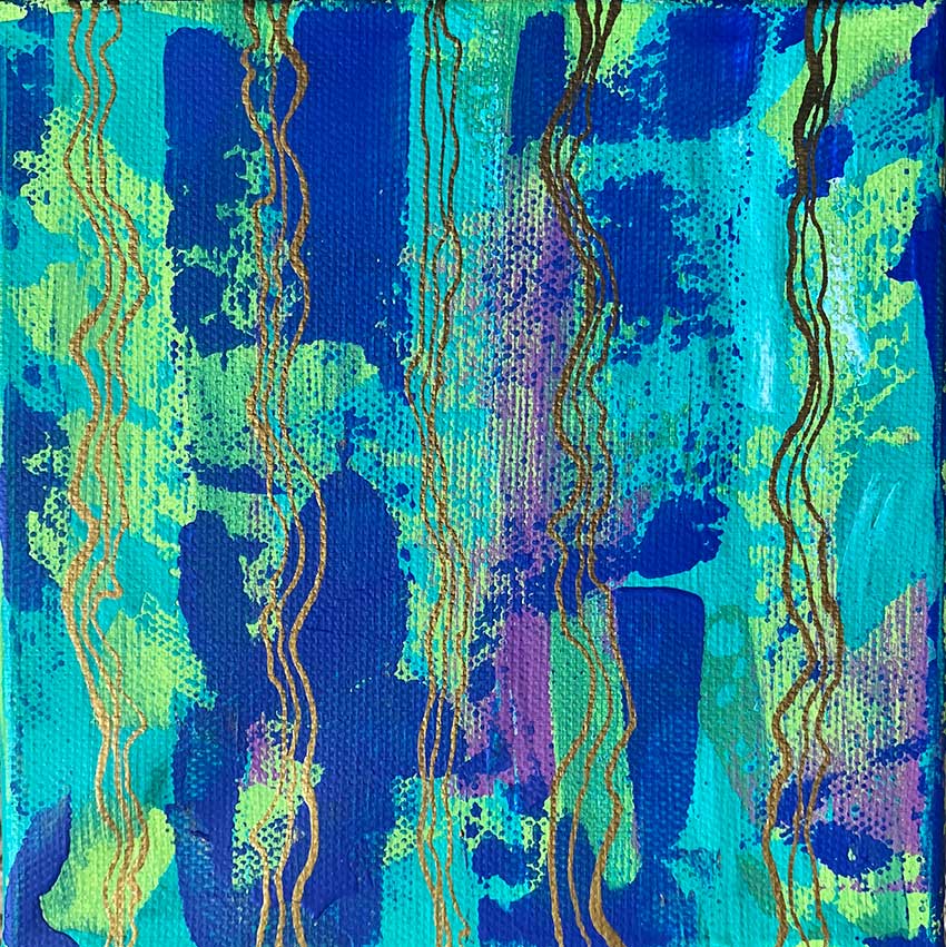 A blue and green painting with gold lines