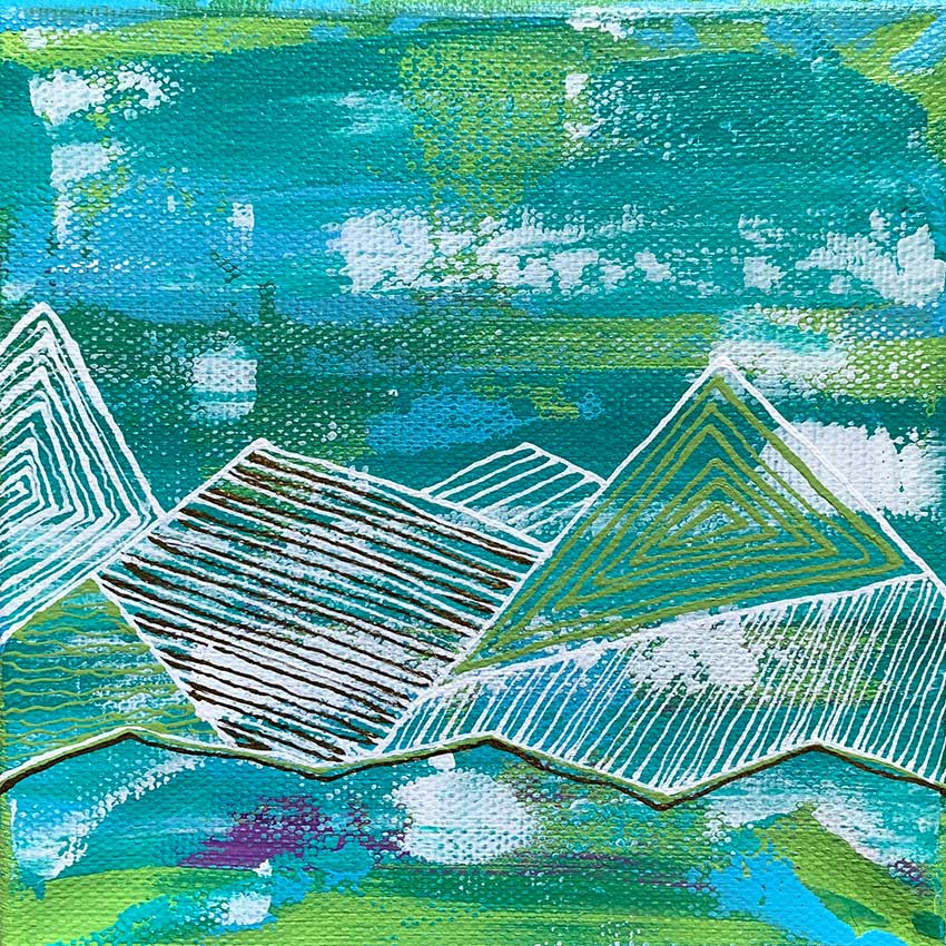 It is a painting of a mountain range with a blue sky in the background.