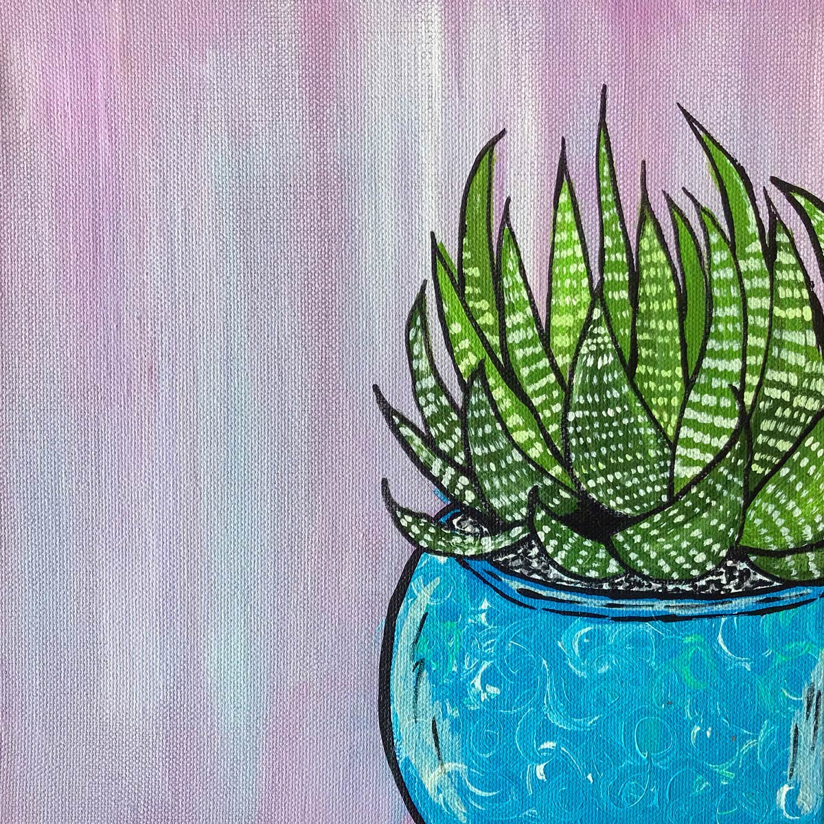 A painting of a cactus in a blue pot on a purple background.