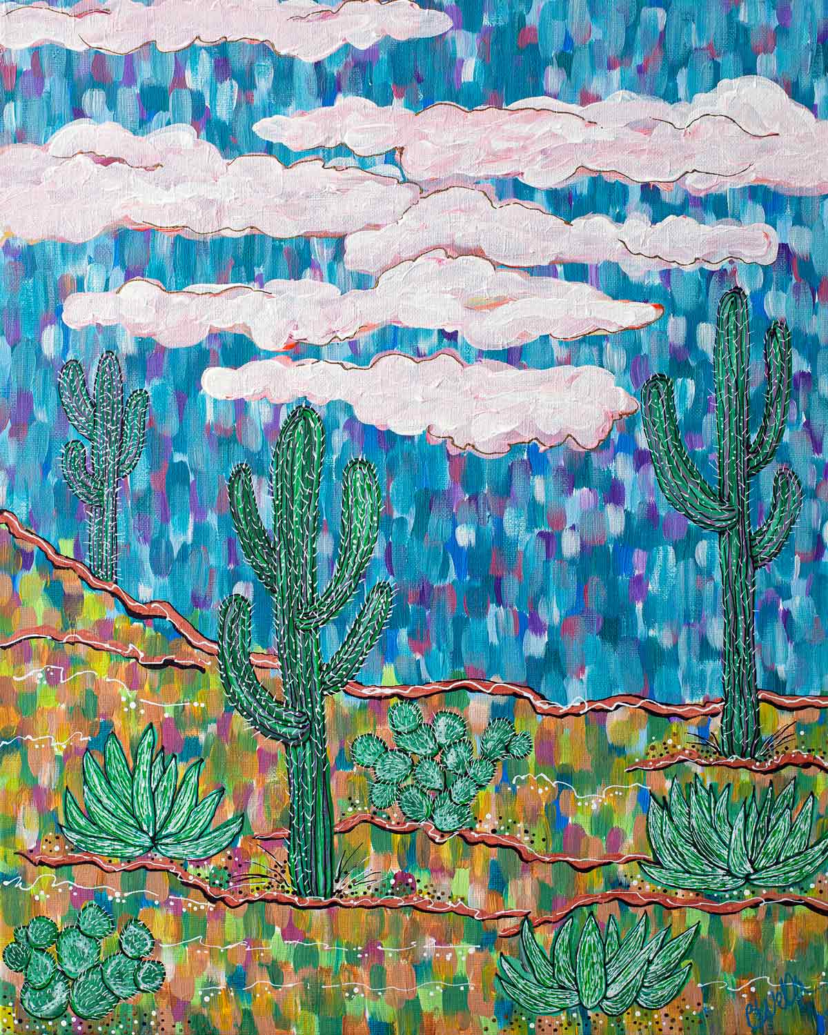 A painting of a desert landscape with cactus and clouds