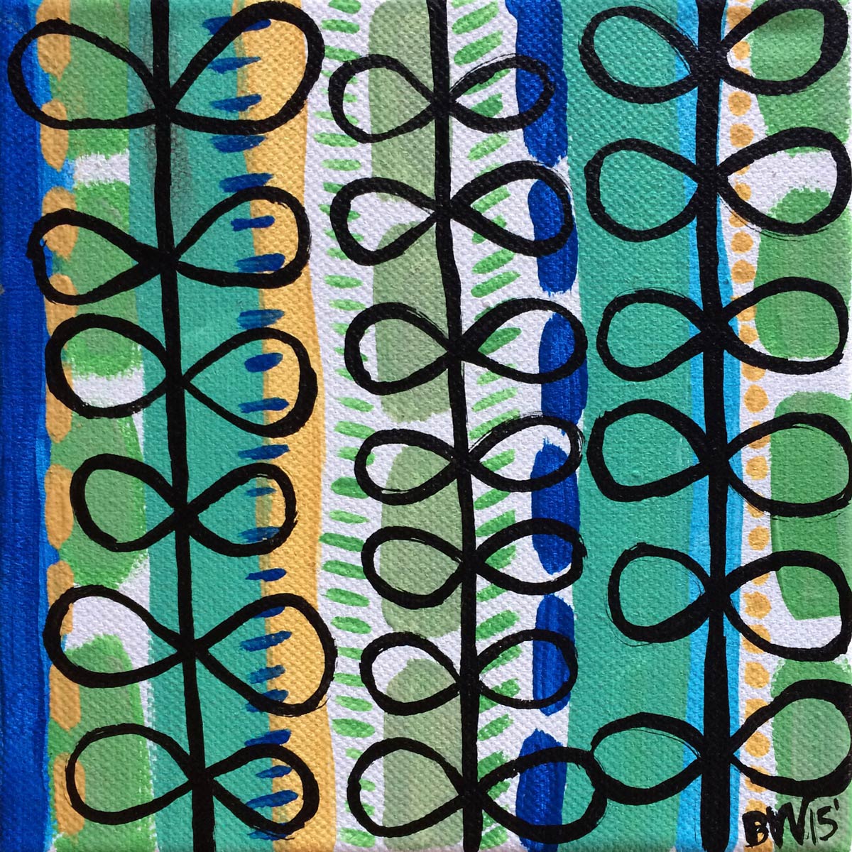A painting with a pattern of circles on a blue and green background