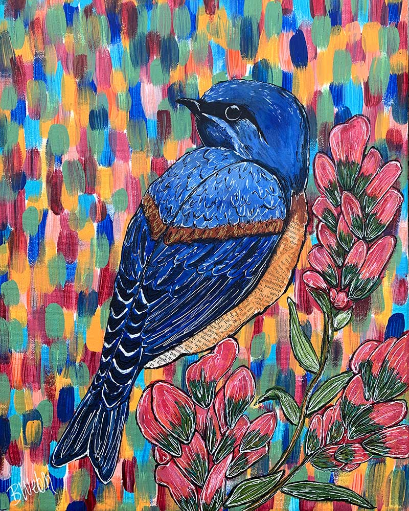 A blue bird is perched on a pink flower in a colorful painting.