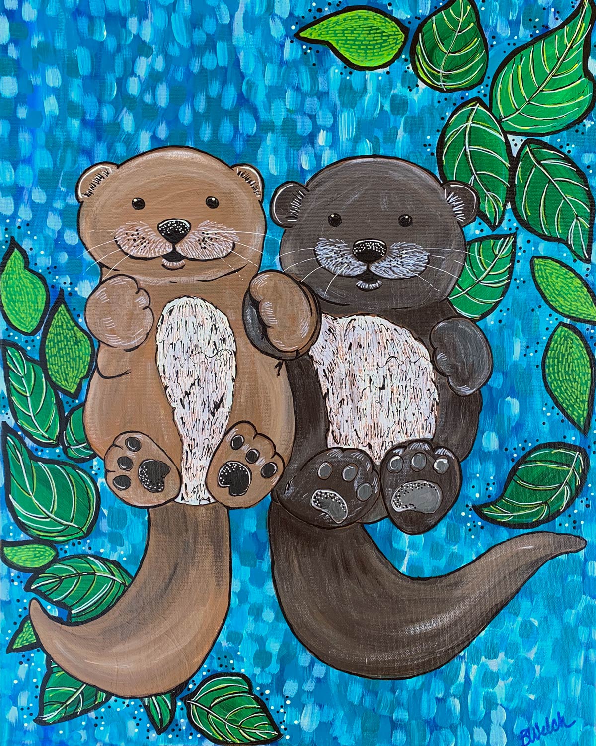 A painting of two otters sitting next to each other on a tree branch.