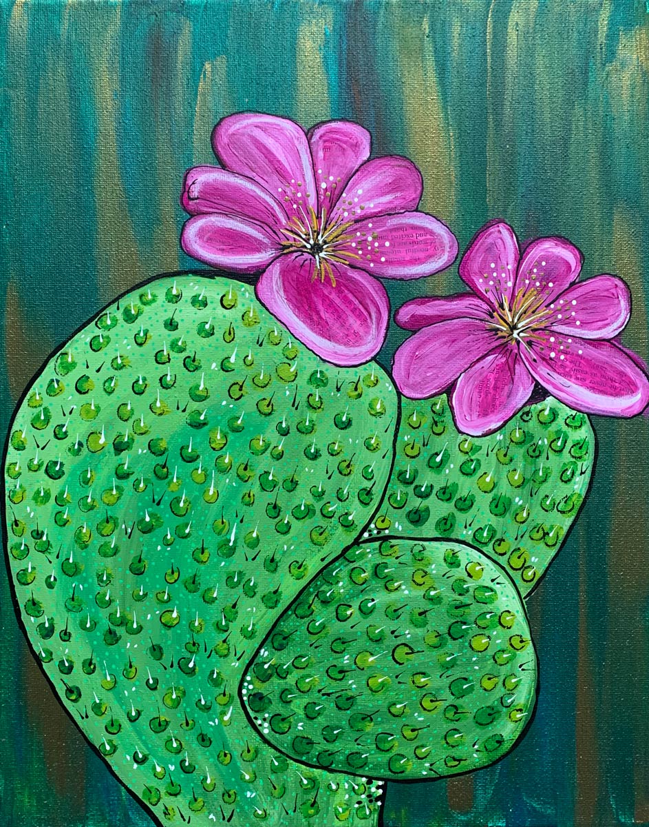 A painting of a cactus with pink flowers on it.