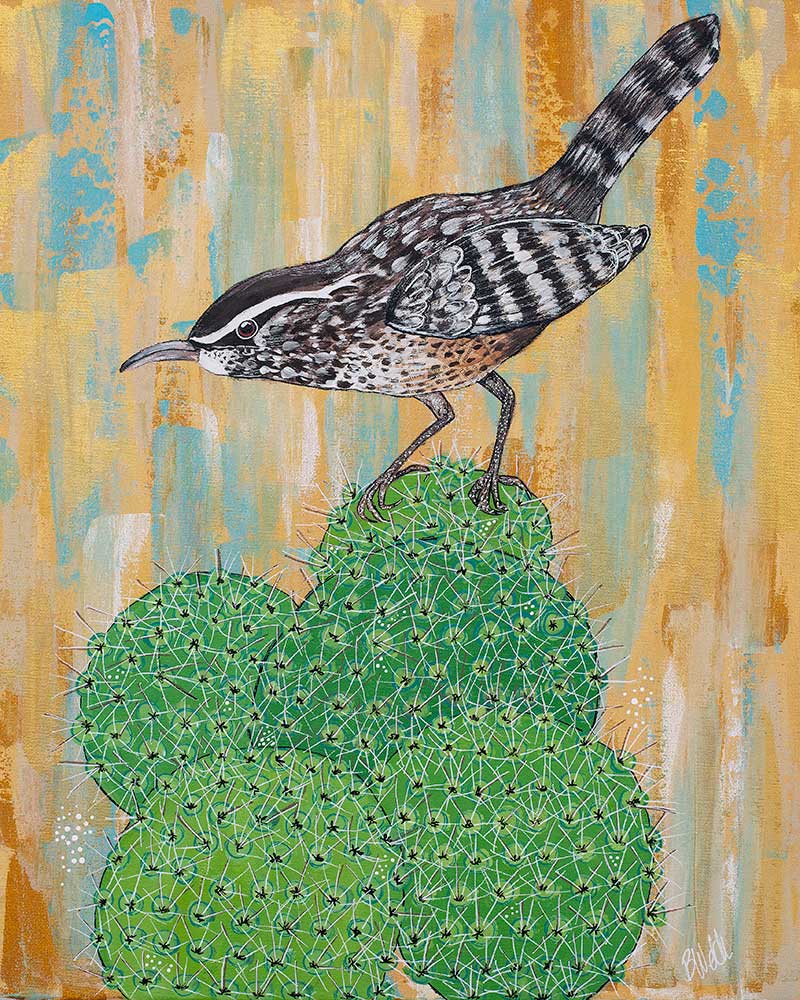 A painting of a bird perched on top of a green cactus.