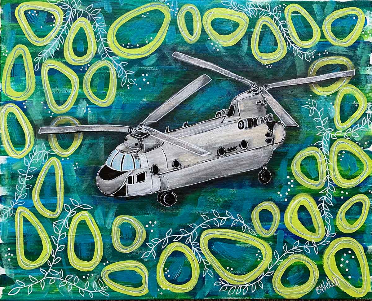 A painting of a helicopter surrounded by green circles on a blue background.