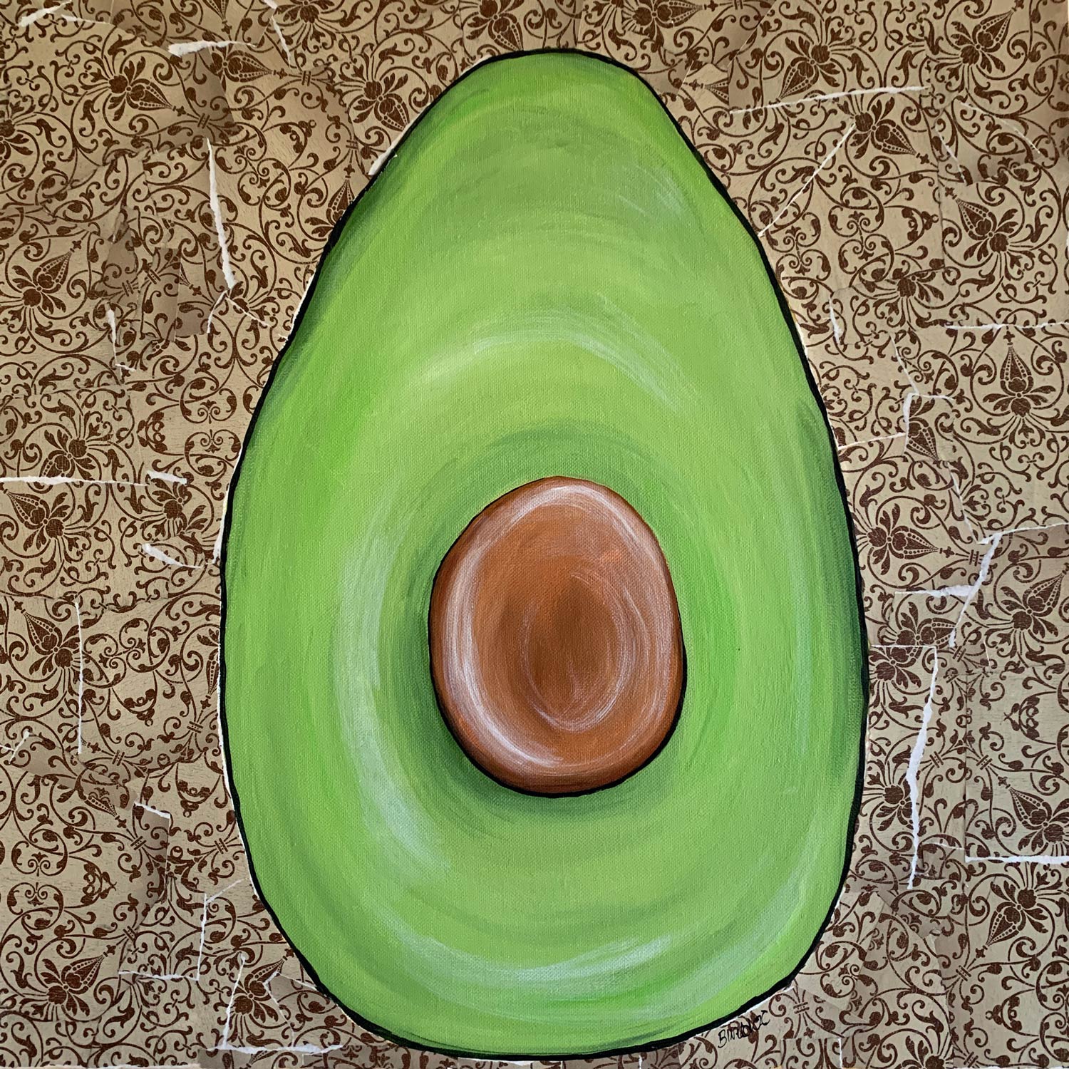 A painting of an avocado with a brown center