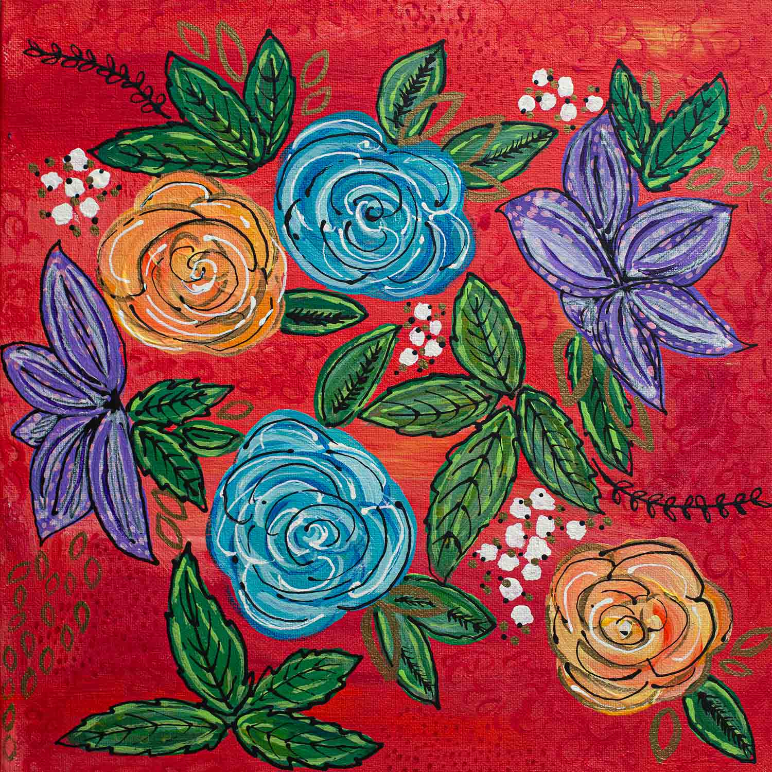 A painting of flowers on a red background