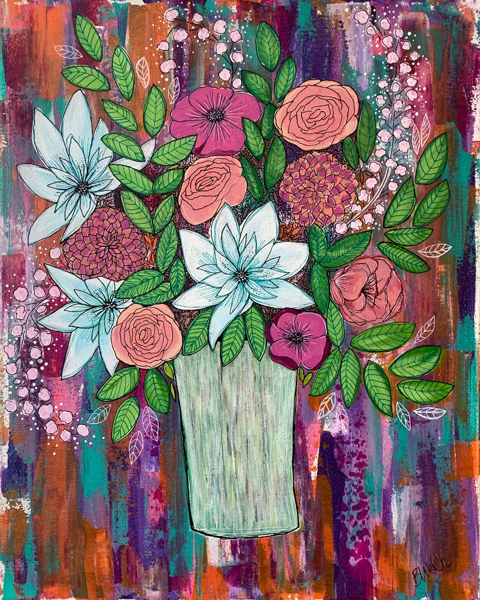 A painting of a vase filled with flowers on a colorful background.