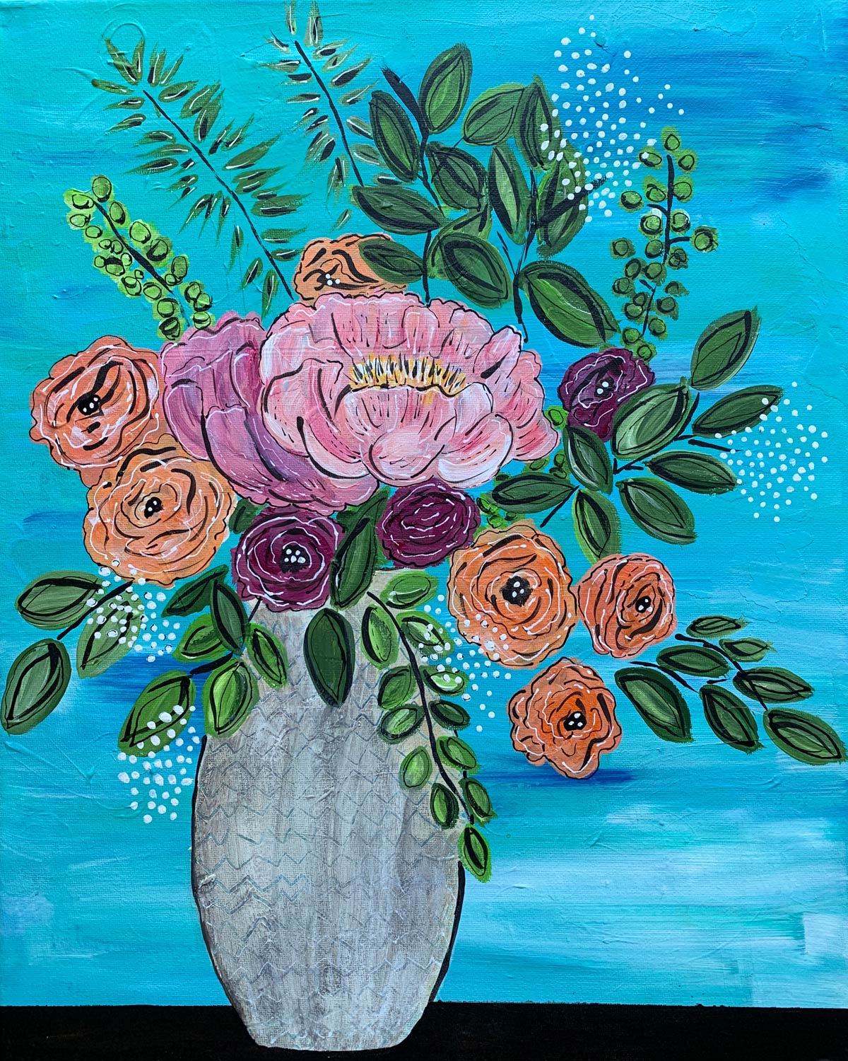 A painting of flowers in a vase on a blue background.