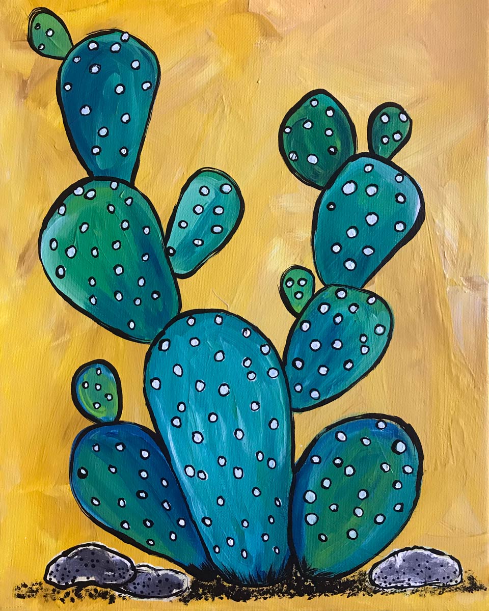 A painting of a cactus on a yellow background