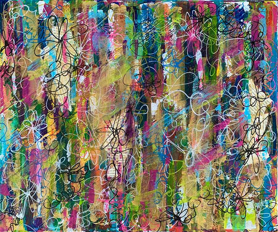 A colorful painting with a lot of lines and flowers on it.