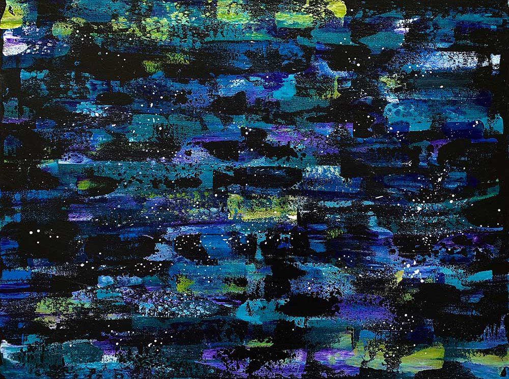 A blue and purple abstract painting on a black background
