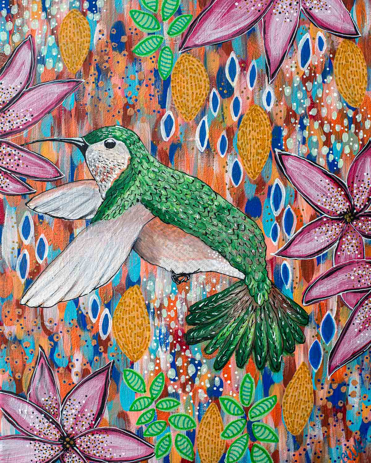 A painting of a hummingbird flying in the air surrounded by flowers.