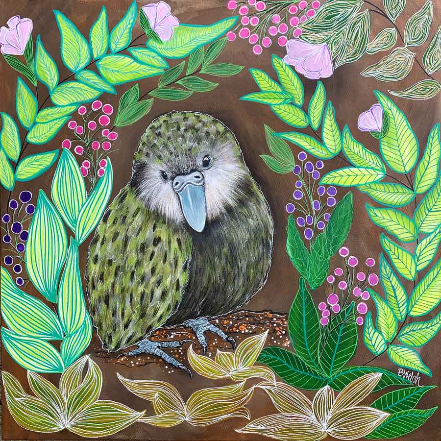 A painting of a bird surrounded by leaves and flowers