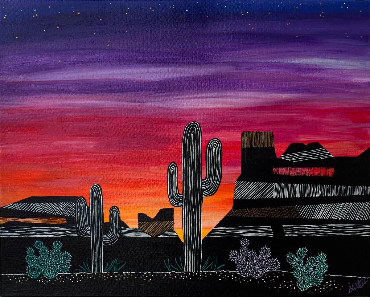 A painting of a desert landscape with cactus and mountains at sunset