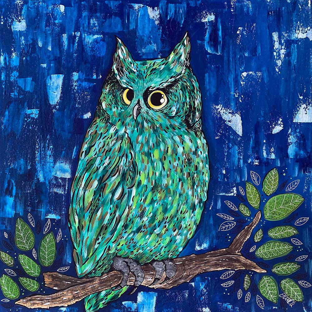 A painting of an owl sitting on a tree branch