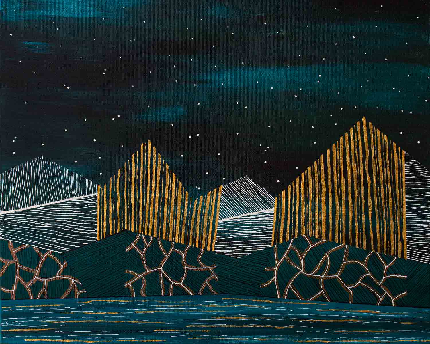 A painting of a night sky with mountains and trees