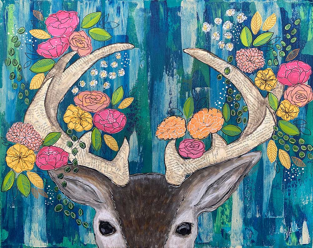 A painting of a deer with flowers on its antlers.