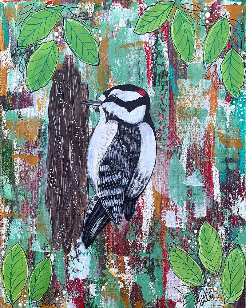 A painting of a bird perched on a tree branch surrounded by green leaves.