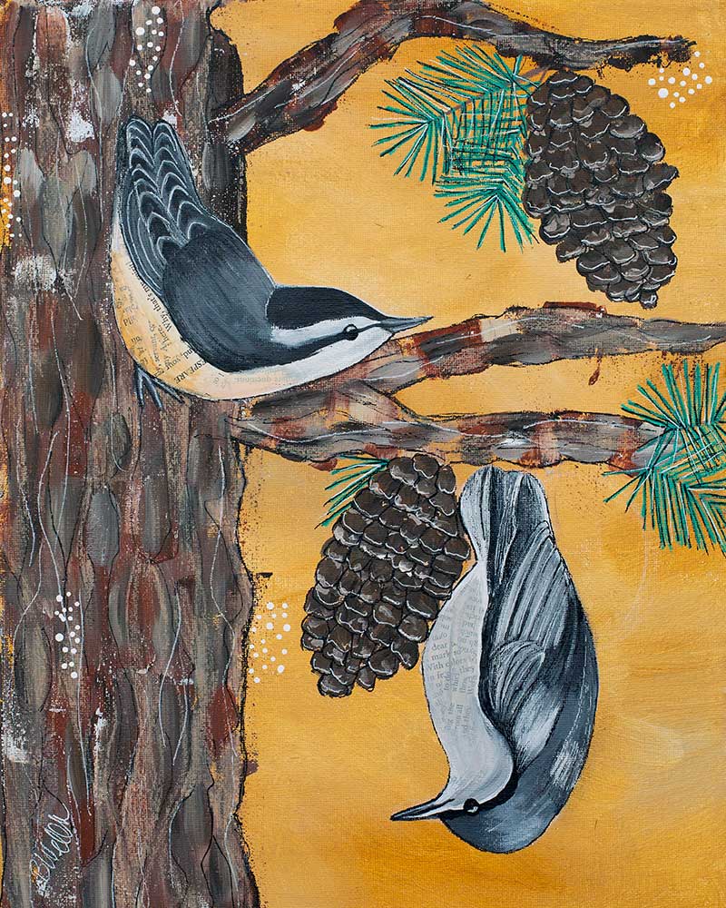 A painting of two birds sitting on a tree branch with pine cones