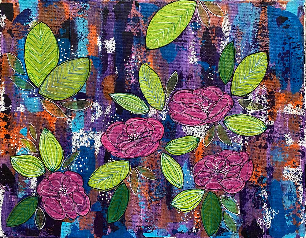 A painting of pink flowers and green leaves on a purple background.