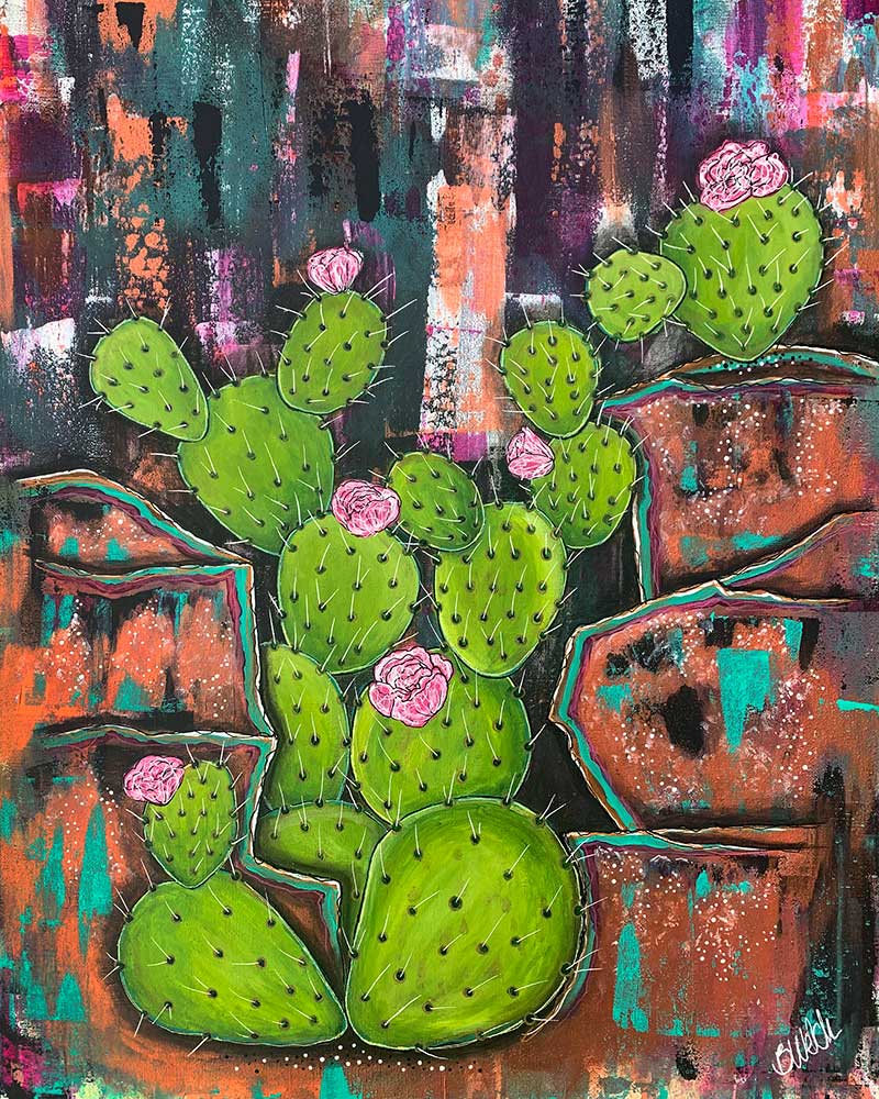 It is a painting of a cactus with pink flowers.