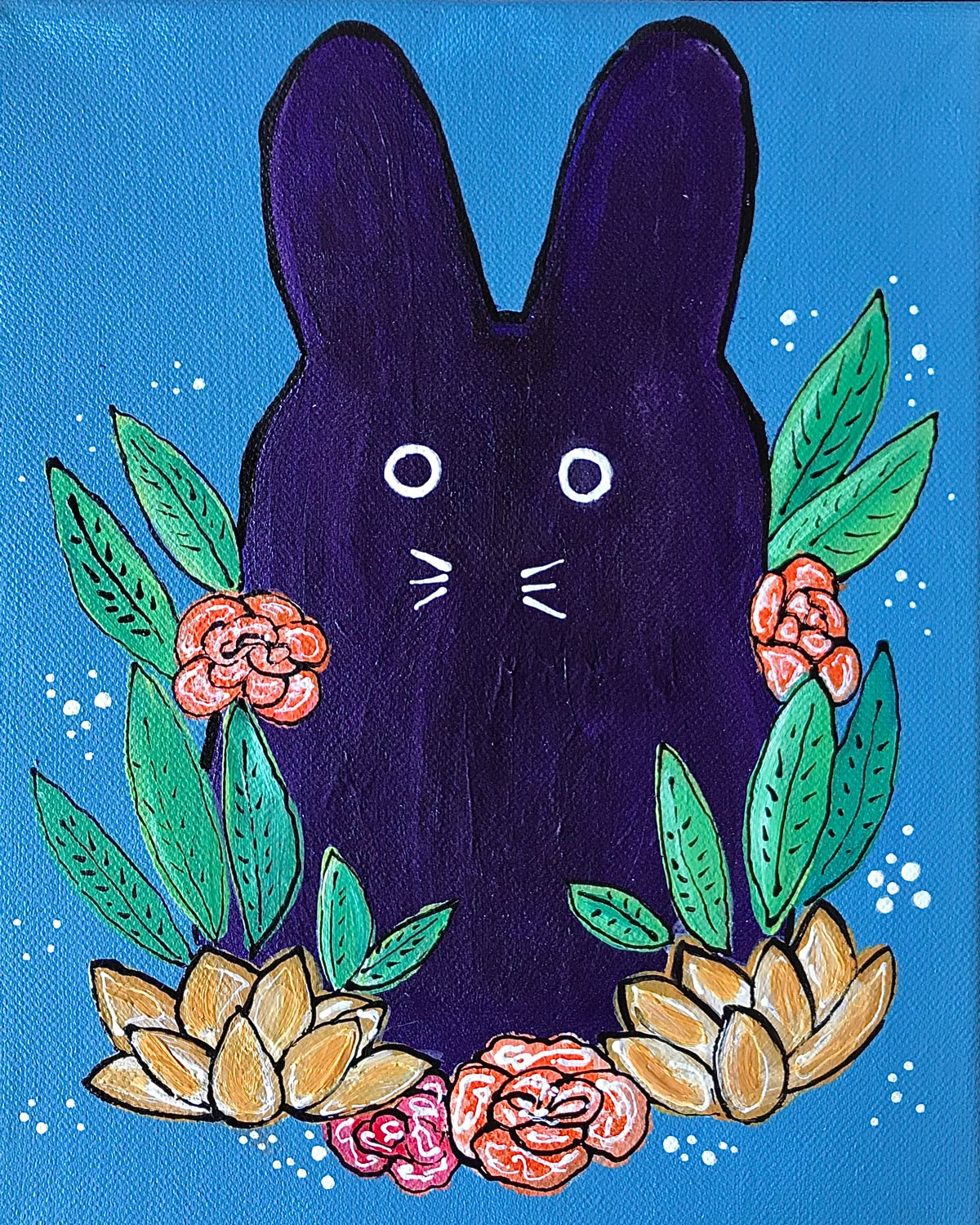 A purple rabbit is surrounded by flowers and leaves on a blue background.