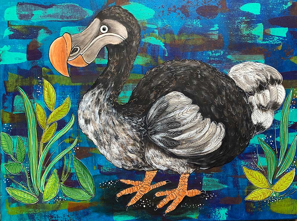 A painting of a dodo bird on a blue background
