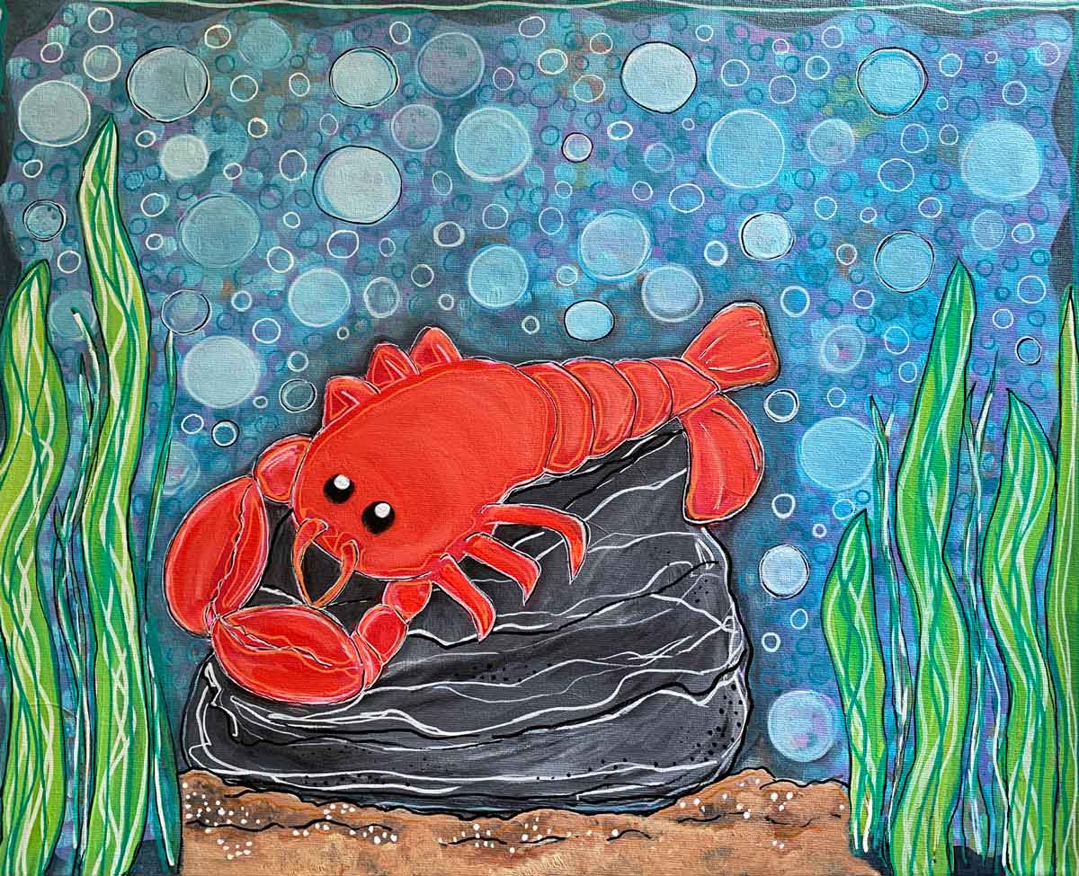 A painting of a lobster sitting on a rock in the ocean.