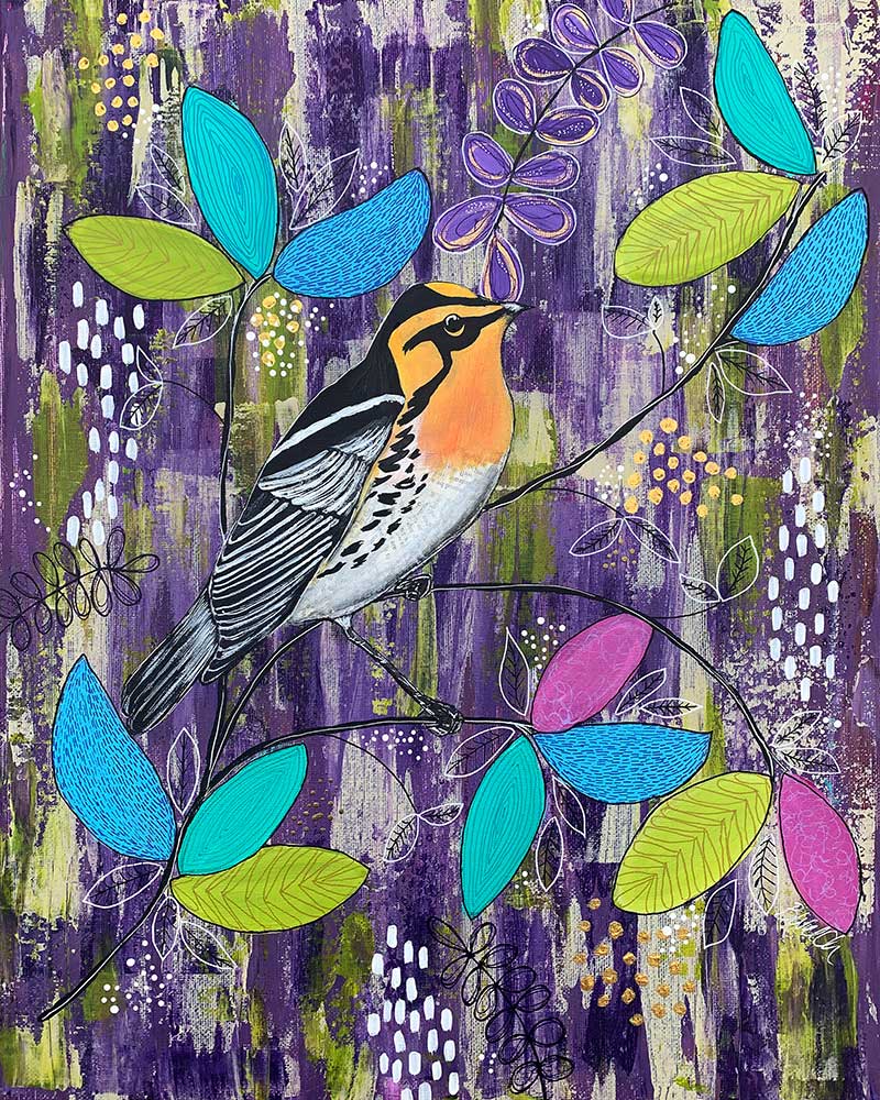 A painting of a bird sitting on a branch with leaves.